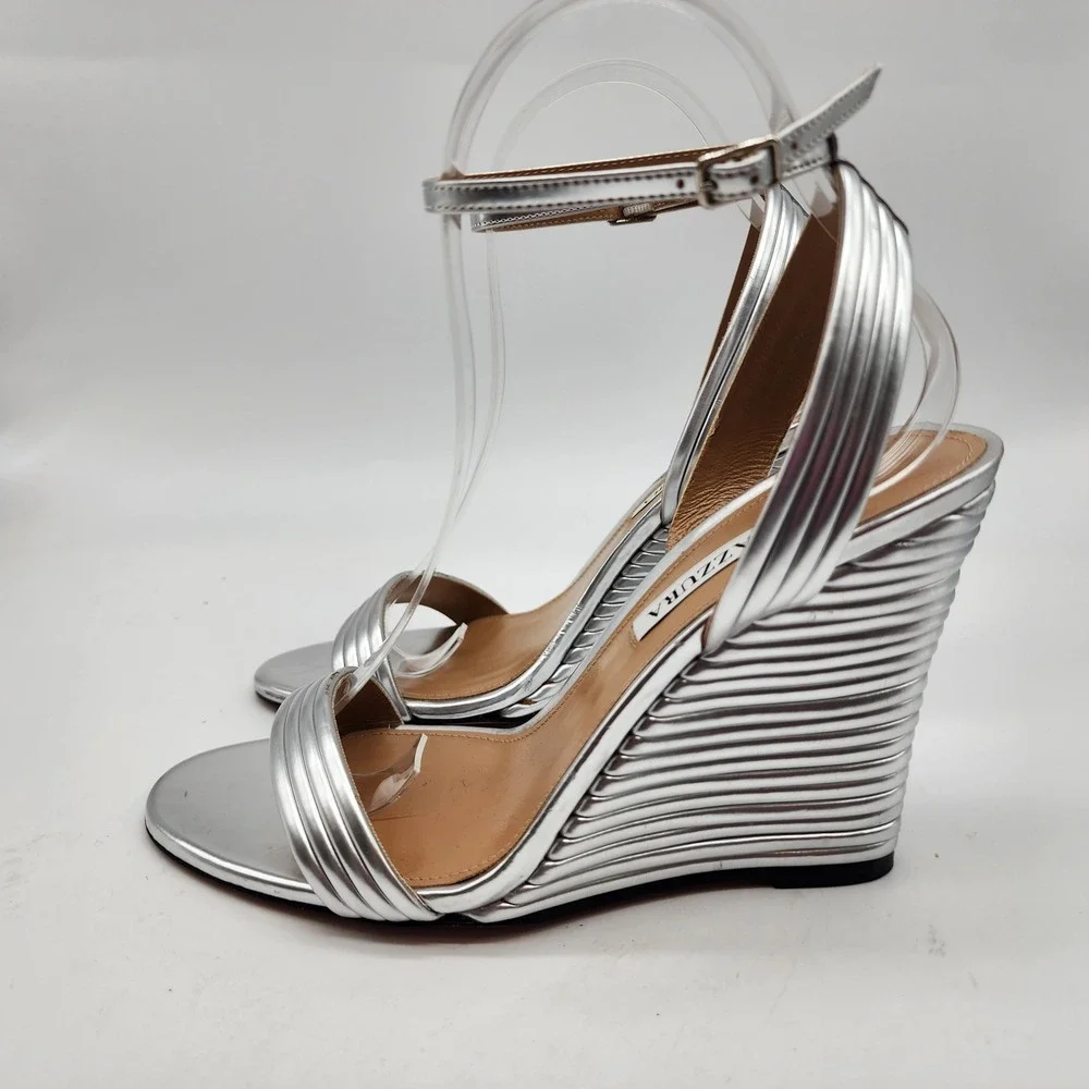 Aquazzura Wow 95 MM Metallic Silver Wedge Sandals EU 37 US 7 Ankle Strap Heels